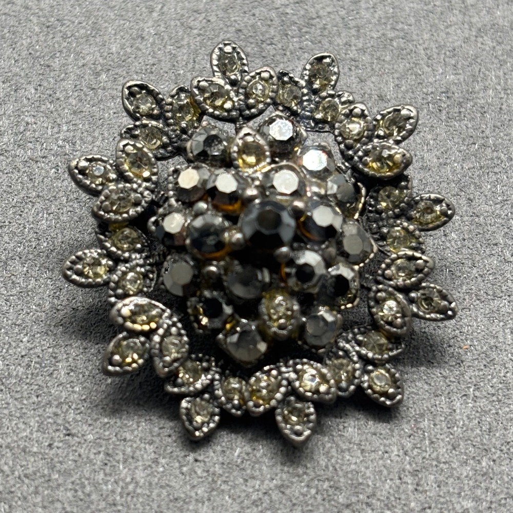 Vintage Brooch Gunmetal Black Rhinestone Sunburst Vintage Style Pin